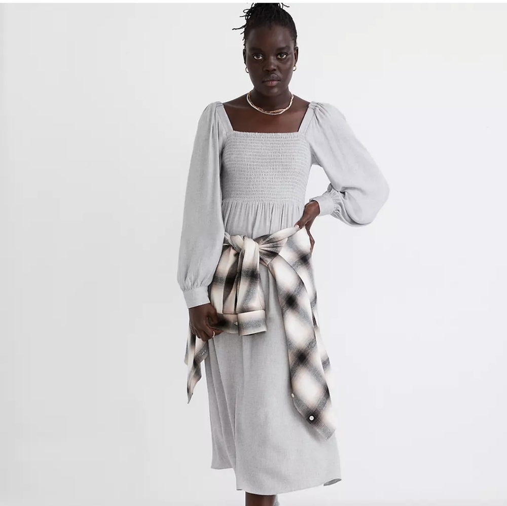 Lucie Long Sleeve Smocked Midi Dress in Wool Gauze large